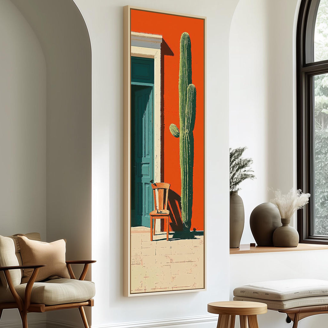 Tall cactus beside a teal door on an orange wall long vertical canvas print in a sunlit living space