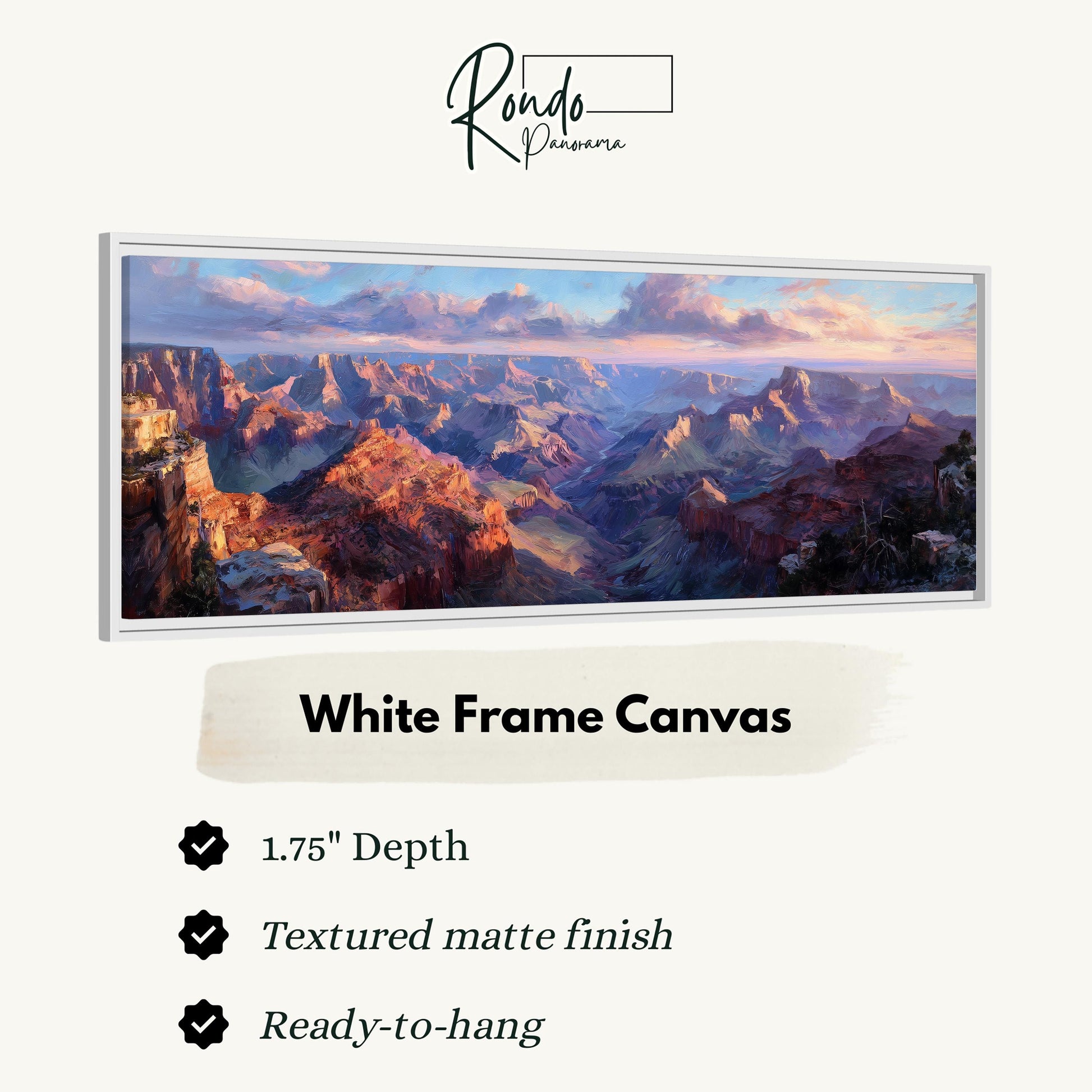 The image is a white frame canvas depicting a scenic landscape with mountains and a sunset sky.