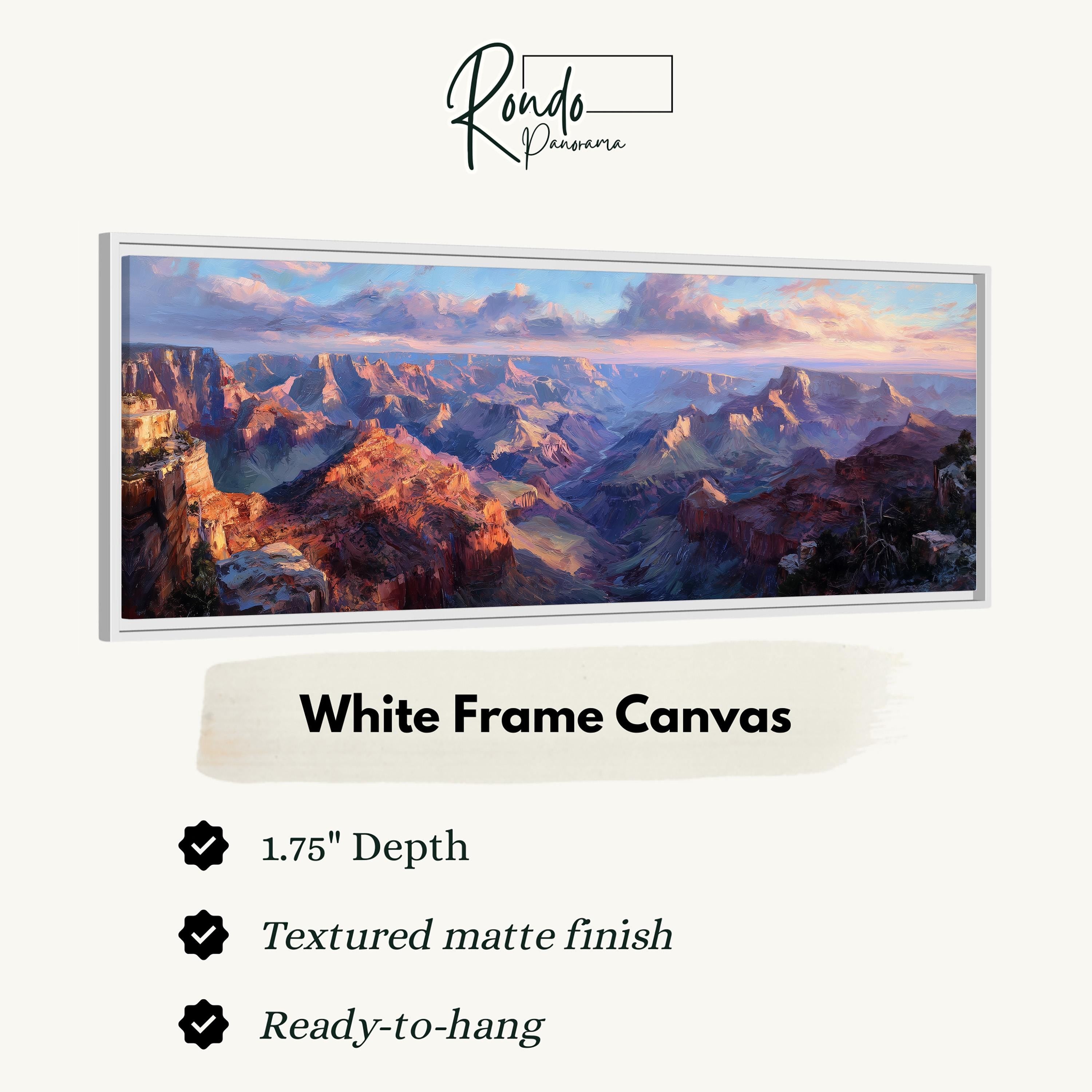 The image is a white frame canvas depicting a scenic landscape with mountains and a sunset sky.