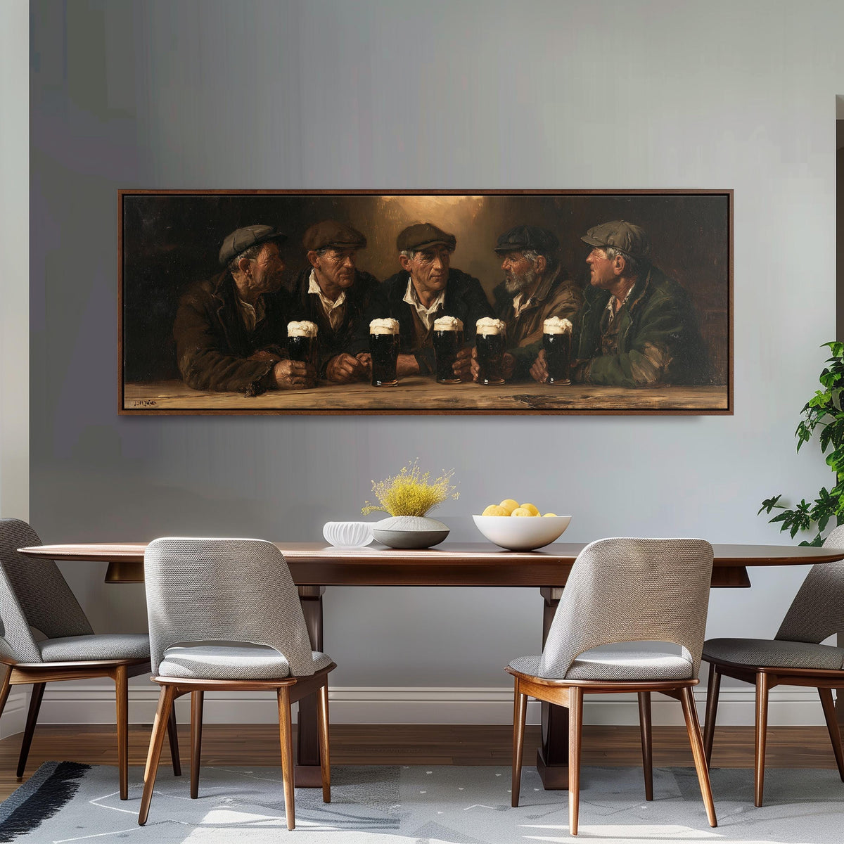 Friends toasting with stout in an Irish pub long horizontal canvas print above a dining table