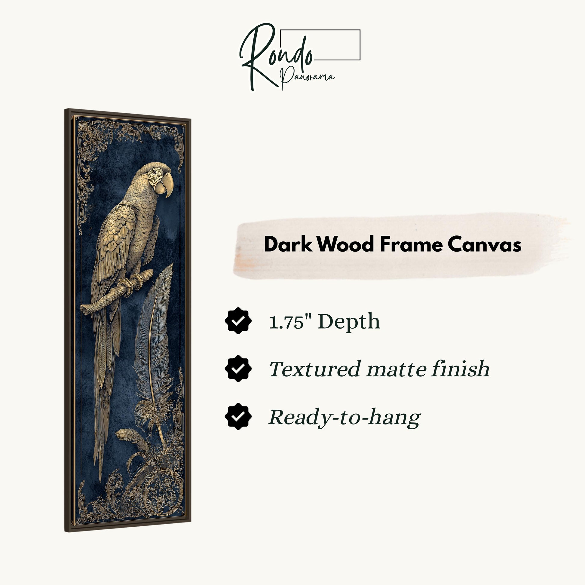 a dark wood frame canvas with a gold parrot design.