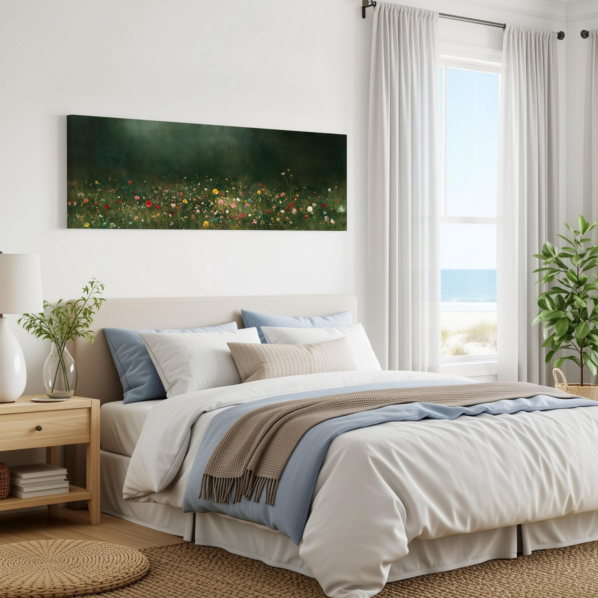 Wildflower meadow at the edge of a dark forest panoramic canvas print above a bed in a coastal bedroom