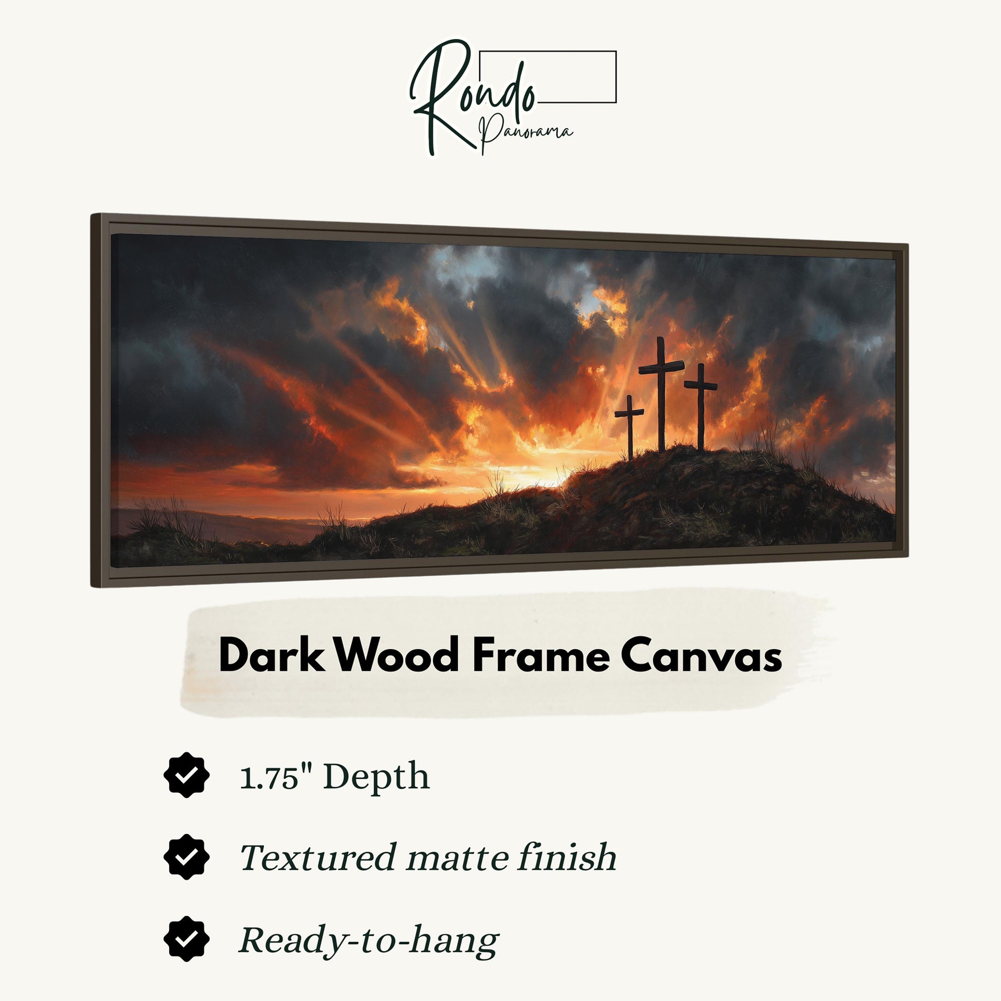 The image is a dark wood frame canvas depicting a dramatic landscape with a sunset over a hill with three crosses.