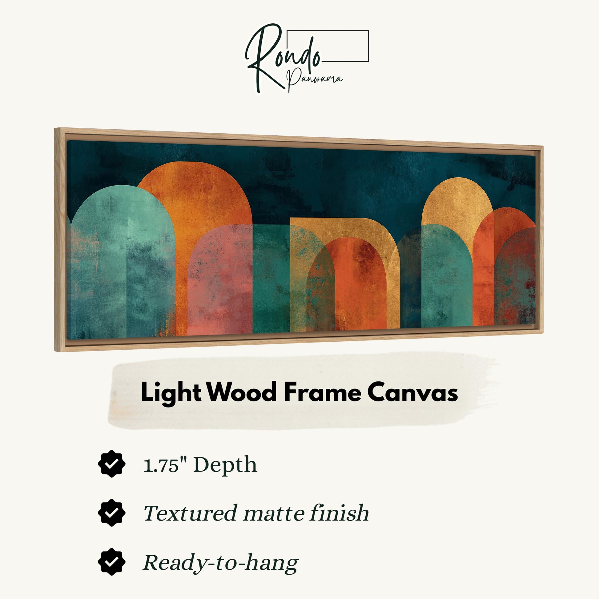 The image is a framed artwork with a light wood frame, featuring a colorful abstract design with various shapes and colors.
