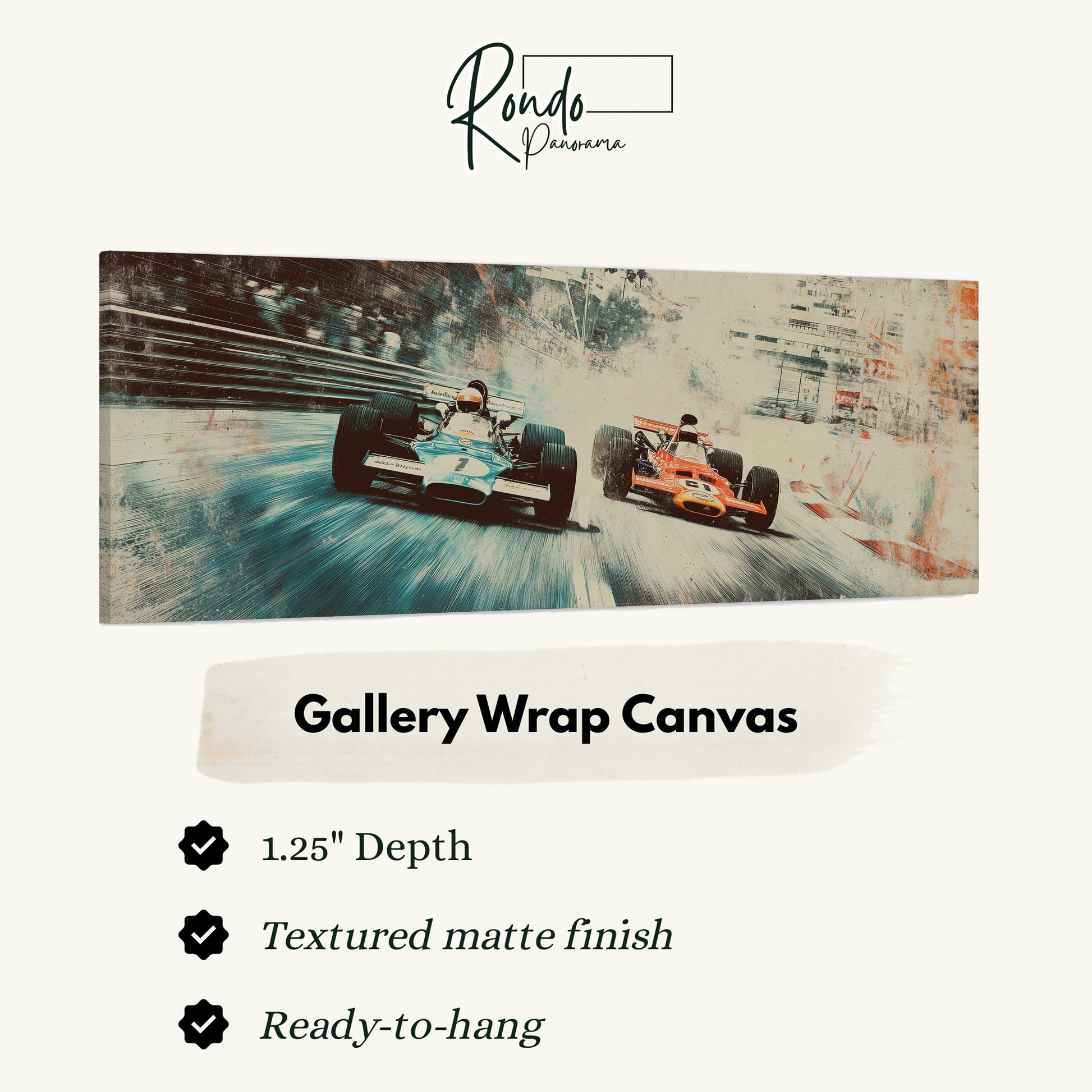 The image is a framed artwork depicting two Formula One race cars speeding down a track.