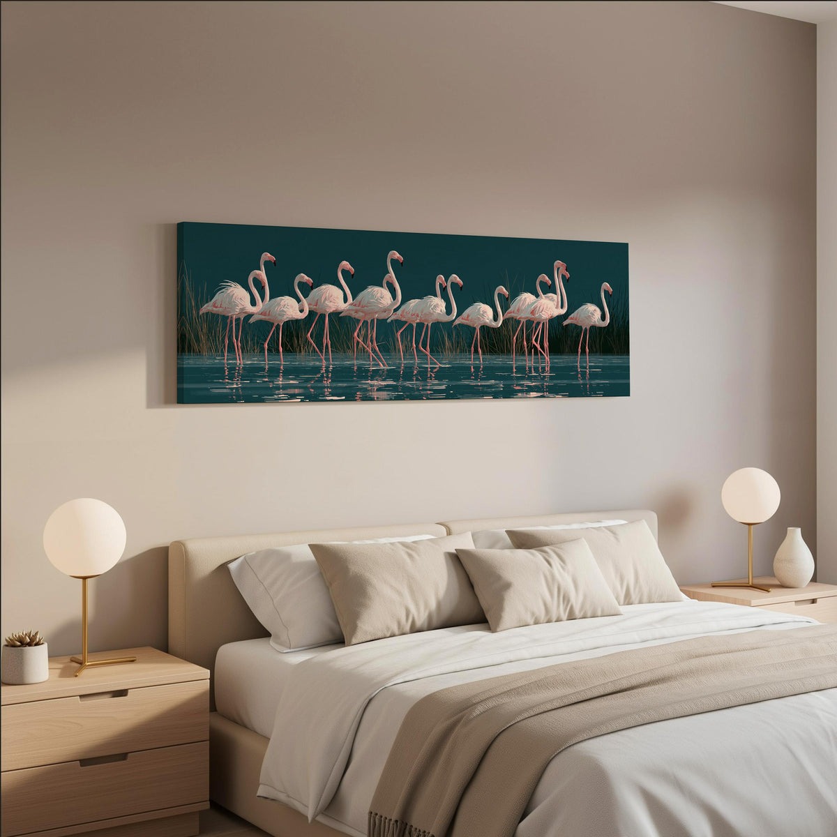 Blush pink flamingos on dark teal water wide panoramic canvas print above a bed in a neutral bedroom
