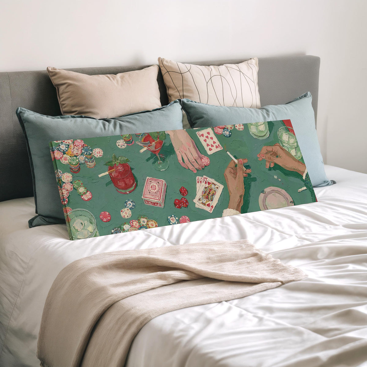 Vintage card game on green felt wide panoramic canvas print laid on a bed to show its size