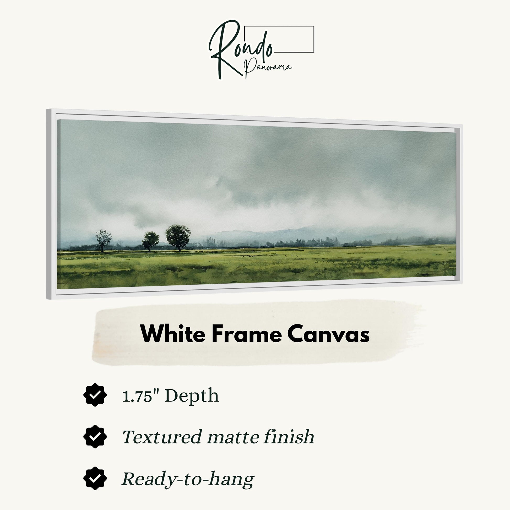 The image is a white frame canvas depicting a rural landscape with a field and trees under a cloudy sky.