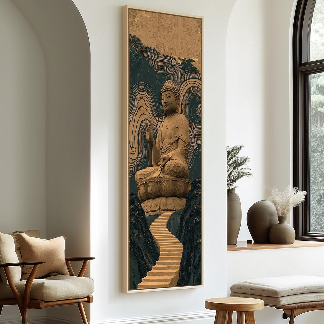 Buddha statue above a mountain staircase long vertical canvas print in a sunlit living space