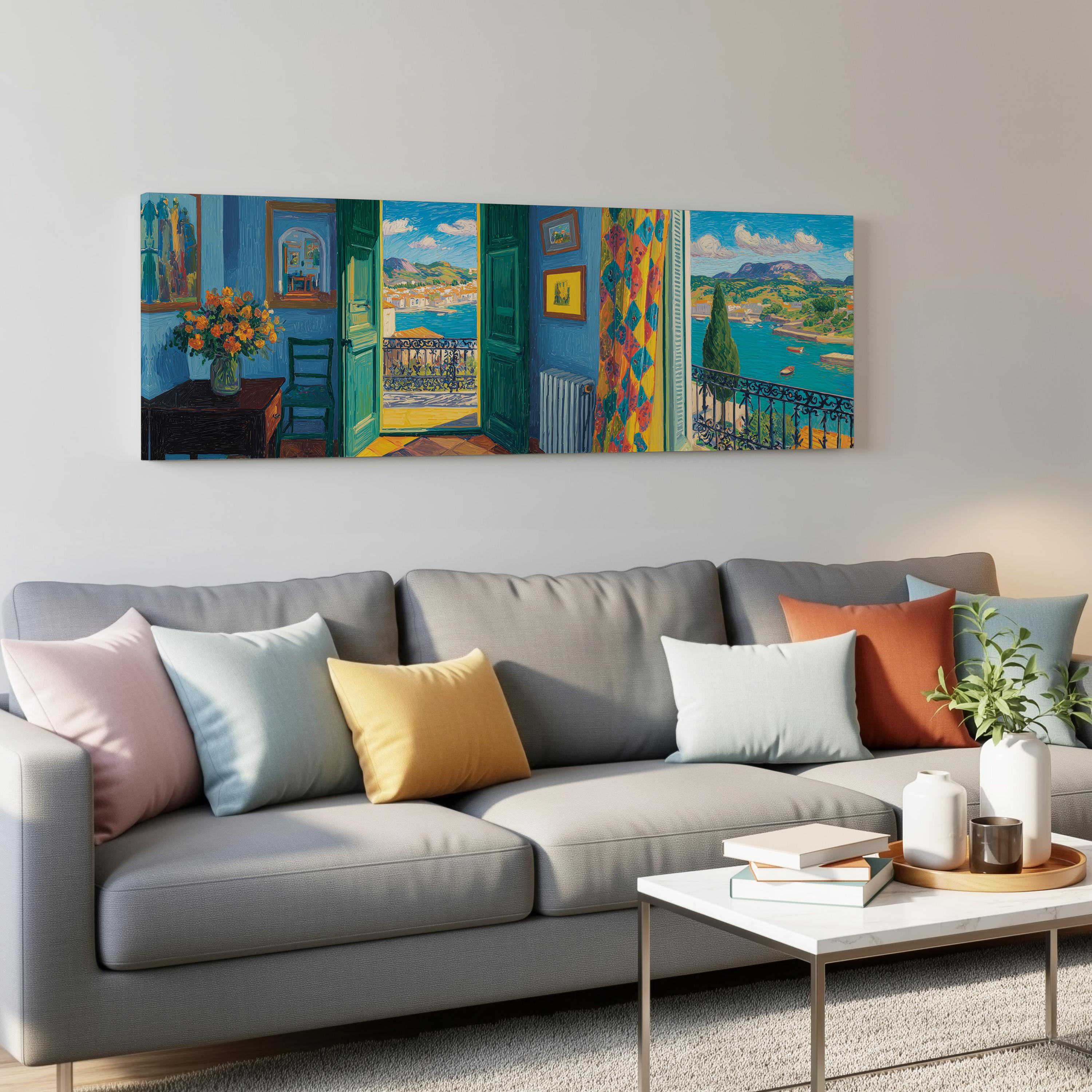 a cozy living room with a gray sofa adorned with colorful throw pillows. Above the sofa, a large painting depicting a serene landscape with a view of a river and mountains is displayed on the wall. The painting is composed of four distinct panels, each capturing a different perspective of the landscape. The room also includes a coffee table with a stack of books and a vase of flowers, creating a warm and inviting atmosphere.