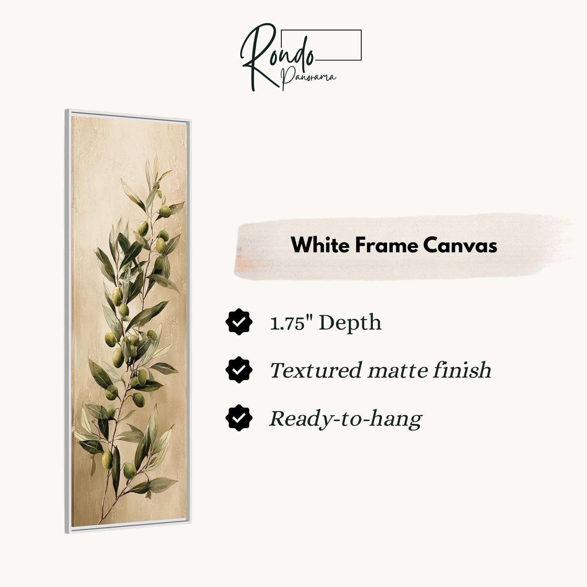 The image is a white frame canvas with a painting of green leaves and green olives.