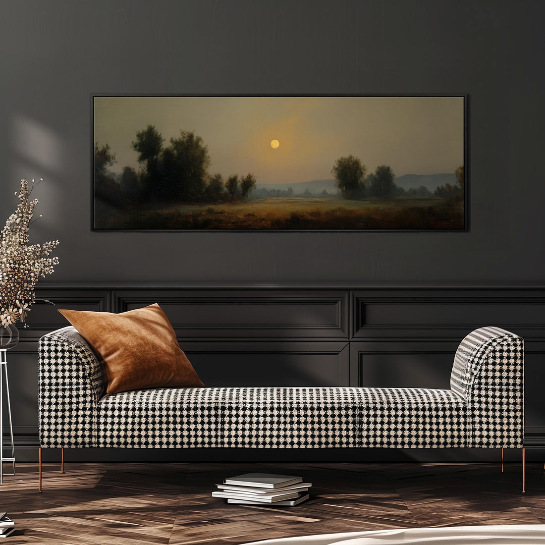 a dining room with a large painting of a landscape hanging on the wall above a wooden dining table with four chairs. The painting depicts a serene countryside scene with a sunlit sky and trees in the distance.