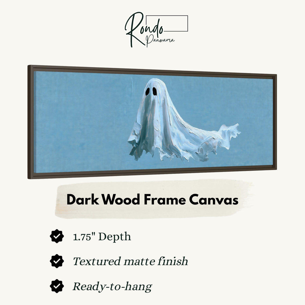 Floating ghost on blue canvas print in a dark wood floating frame