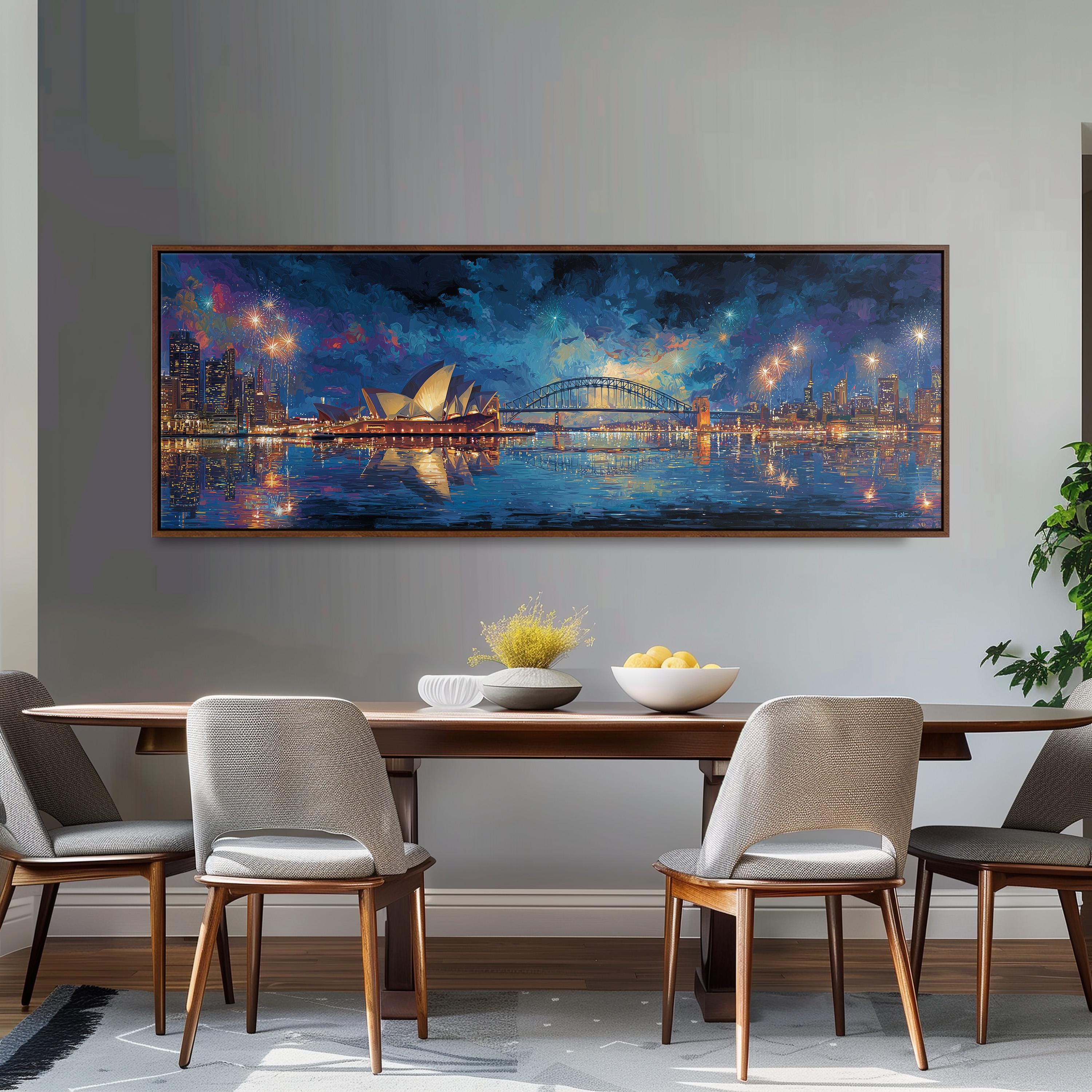 a large painting of a cityscape with a bridge and a night sky, hanging on a wall above a wooden dining table with four chairs.
