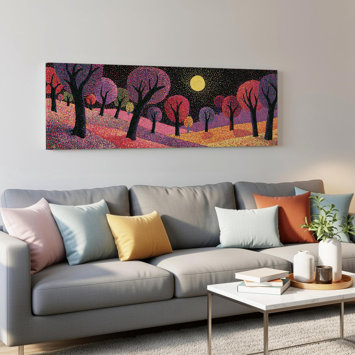 Purple dusk forest under the moon panoramic canvas print above a grey sofa in a living room