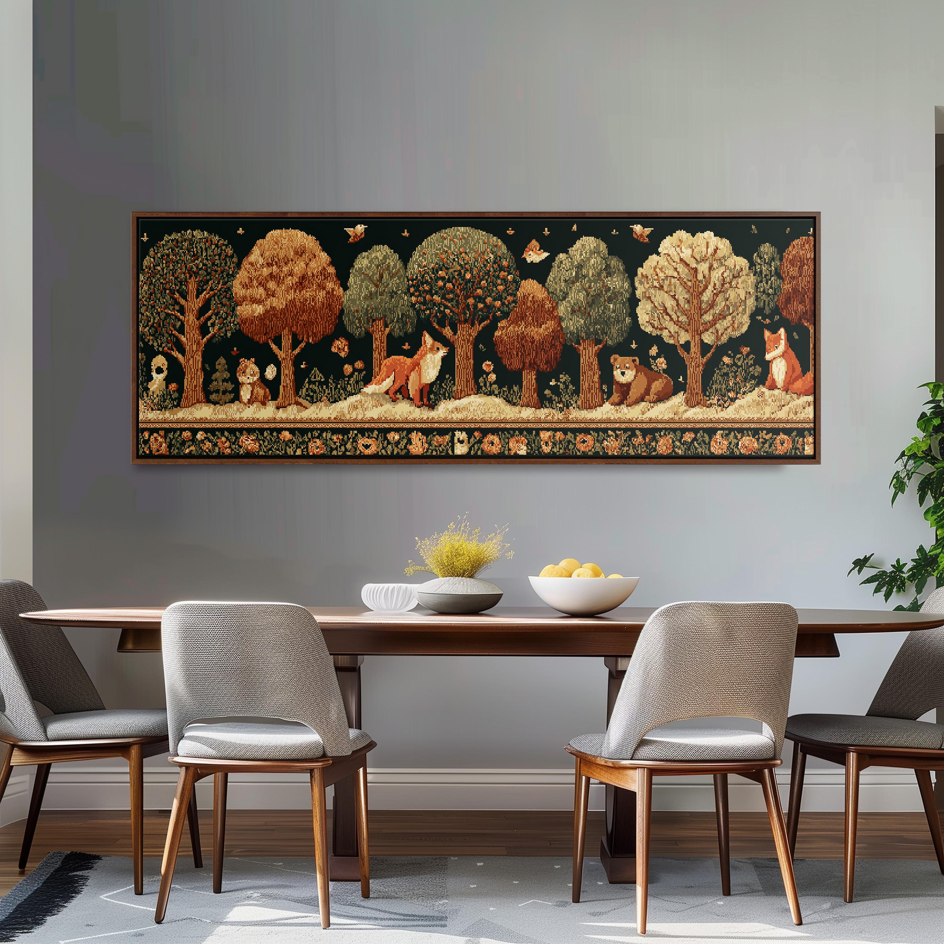 a dining room with a large, ornate tapestry hanging on the wall above a wooden dining table with four chairs. The tapestry depicts a forest scene with various animals and trees.