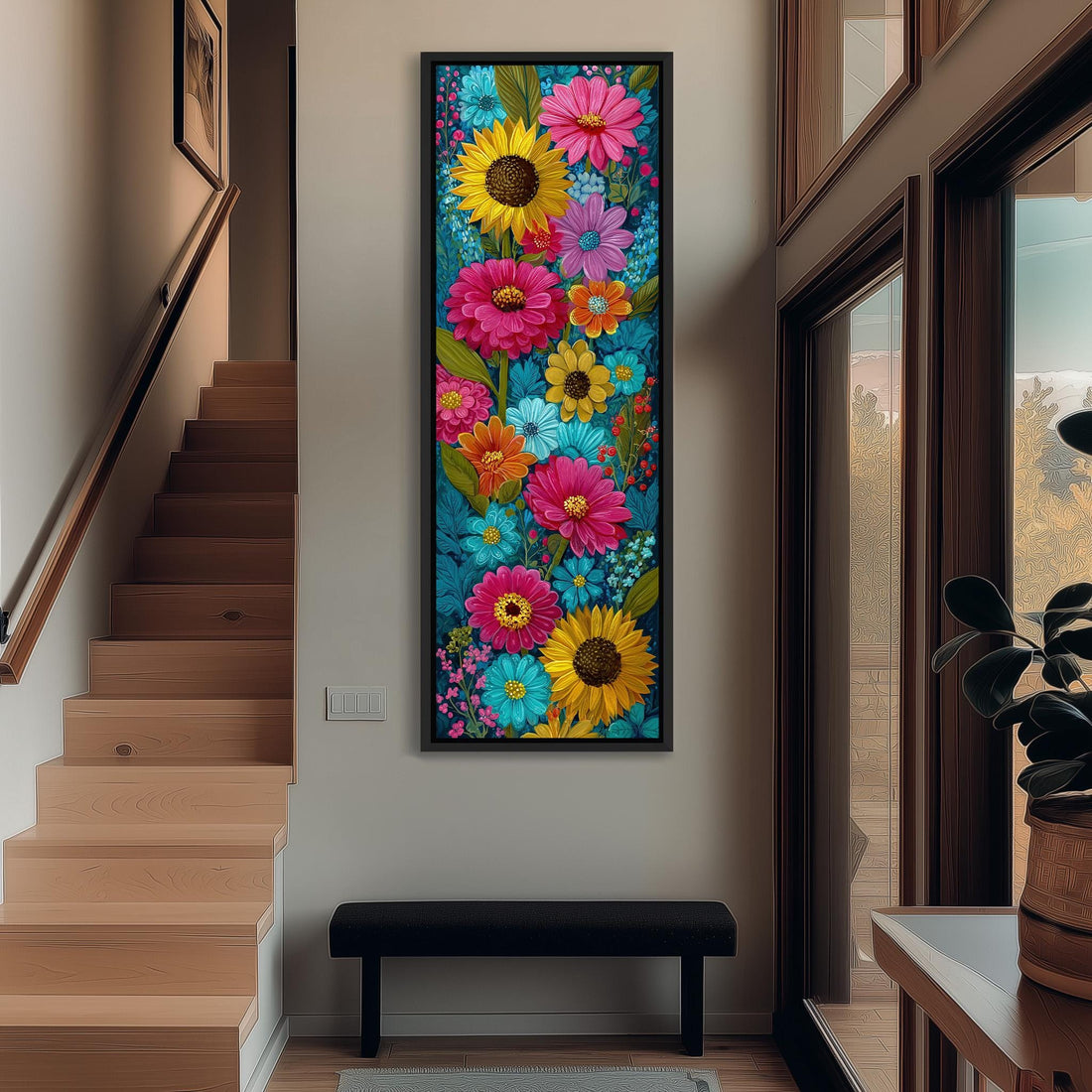 a vibrant and colorful painting of flowers hanging on a wall in a room.