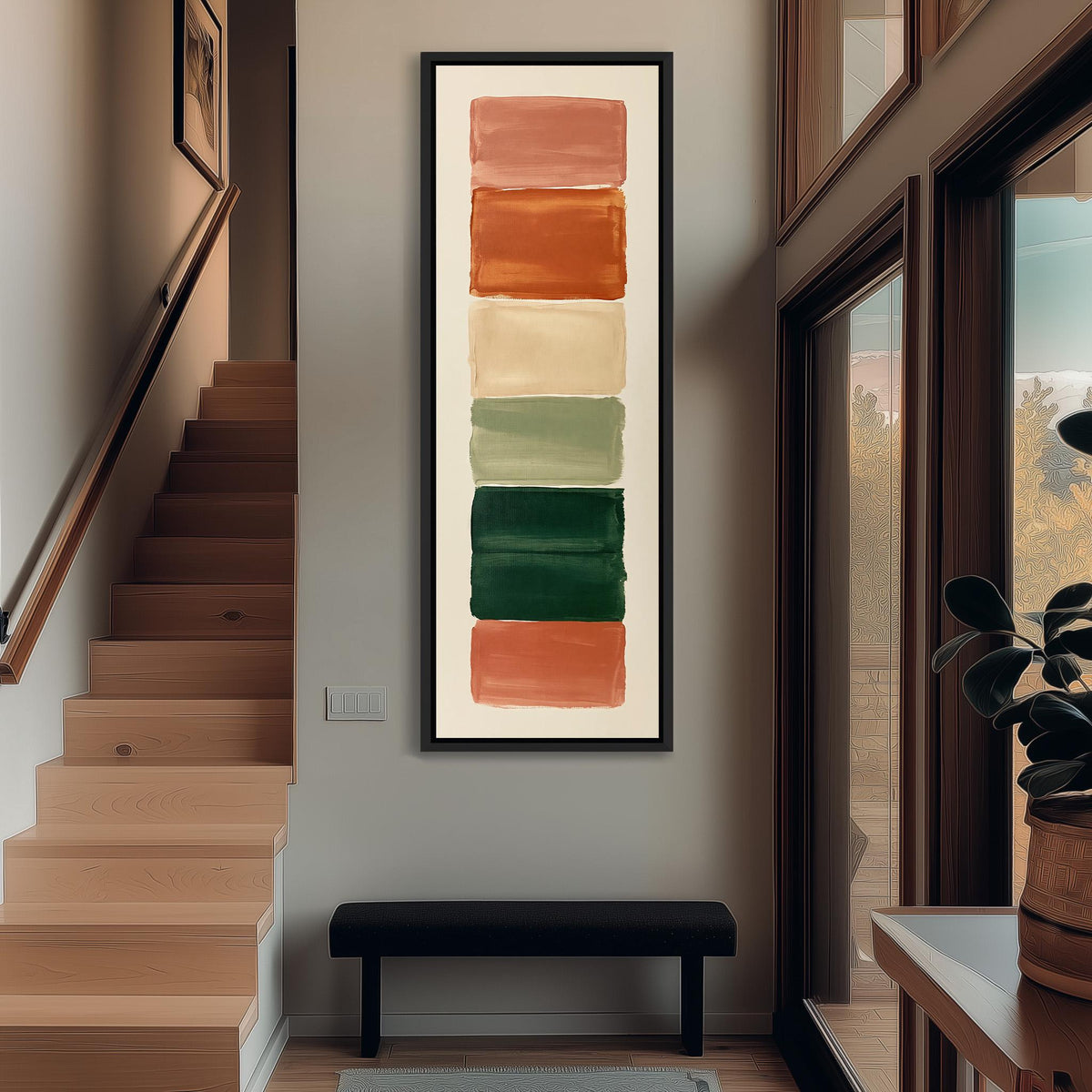 Stack of terracotta, cream and sage swatches tall narrow canvas print beside a staircase in an entryway