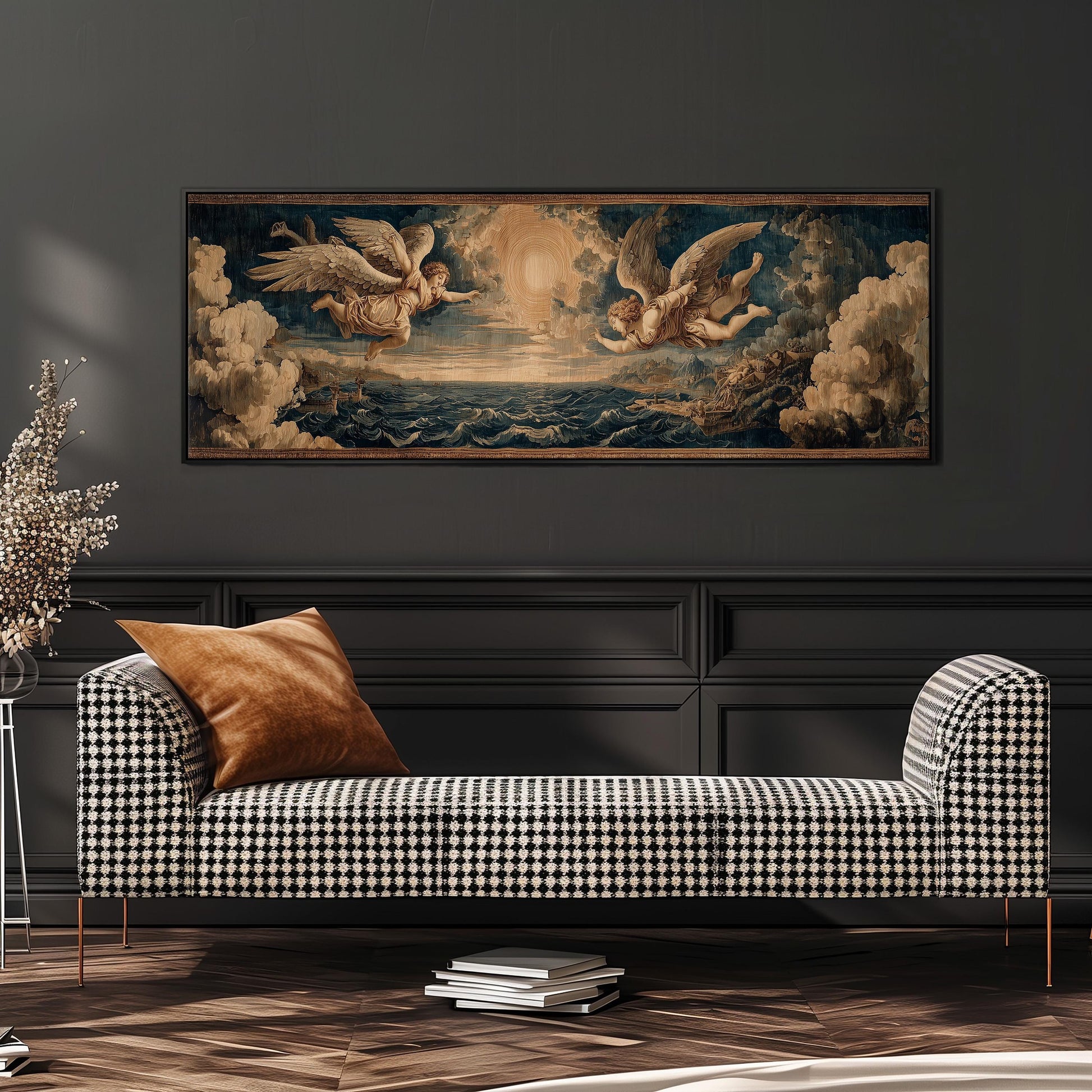 a large, ornate painting of angels against a cloudy sky, hanging on a dark wall above a black and white checkered sofa with a brown throw pillow.