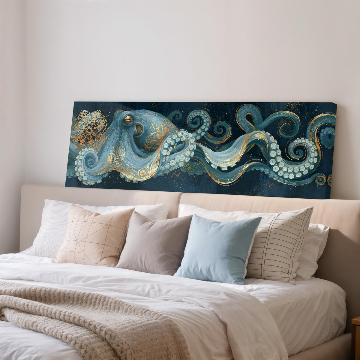 Blue and gold octopus wide panoramic canvas print above a bed in a bedroom