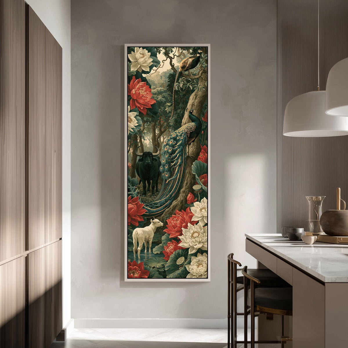 Peacock and animals in a lush jungle of lilies tall skinny canvas print in a modern kitchen