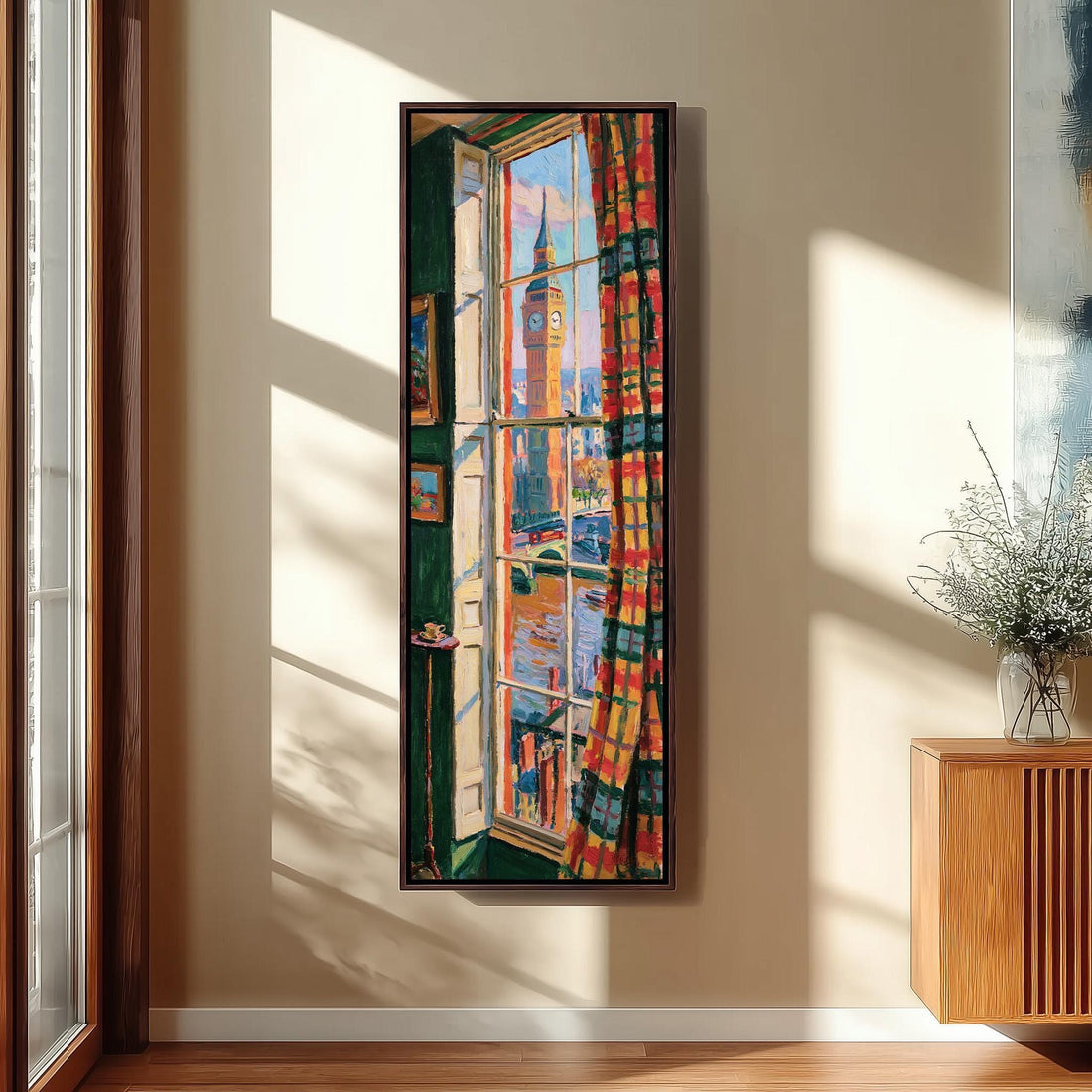 Big Ben through a tall window with tartan curtains long vertical canvas print in a sunlit living space