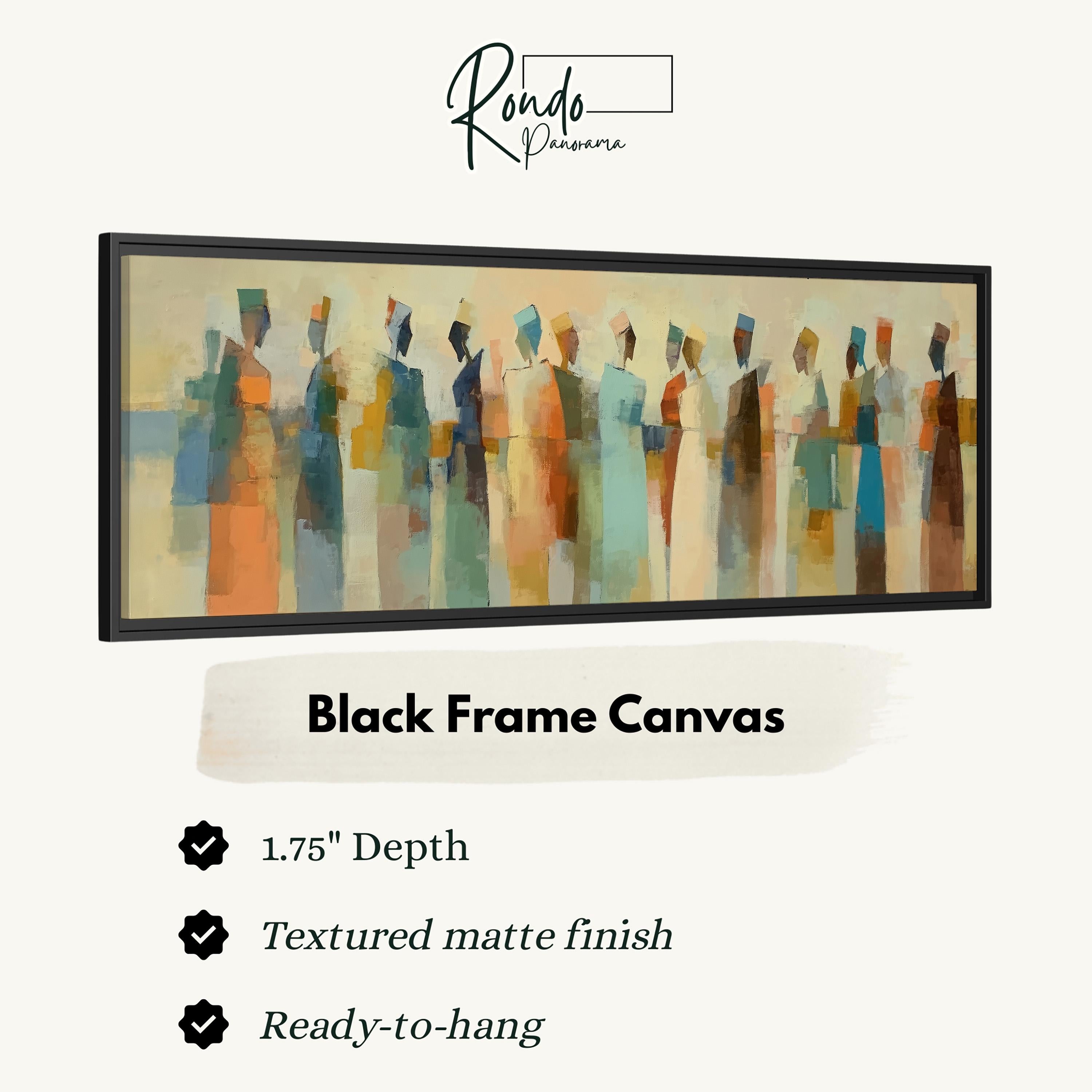 The image is a black frame canvas featuring a painting of a group of people in various outfits.