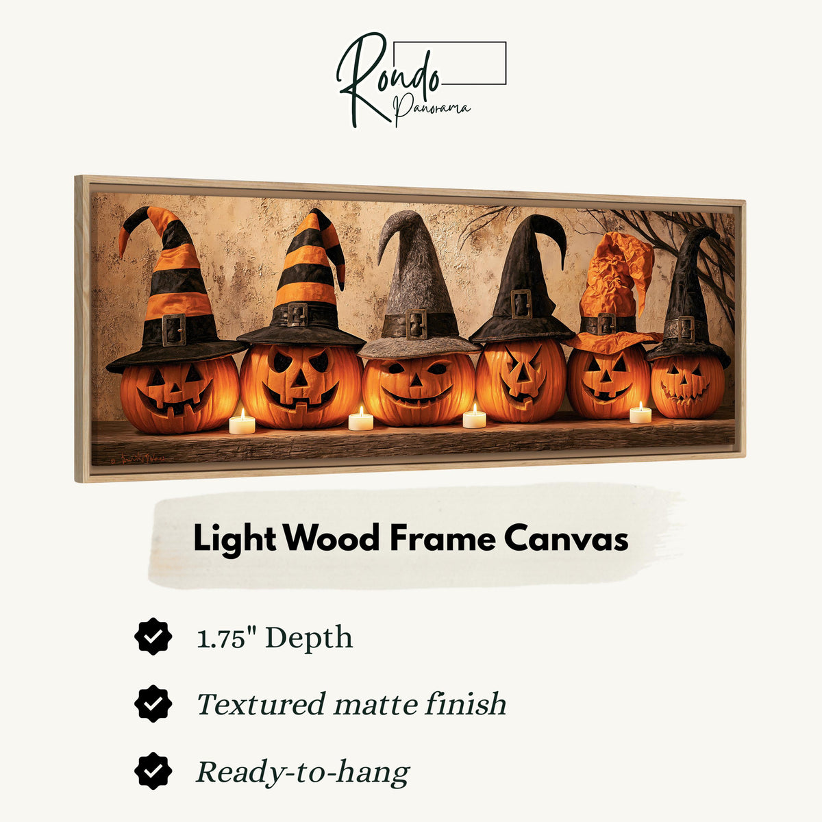 Jack-o'-lanterns wearing witch hats by candlelight canvas print in a light wood floating frame