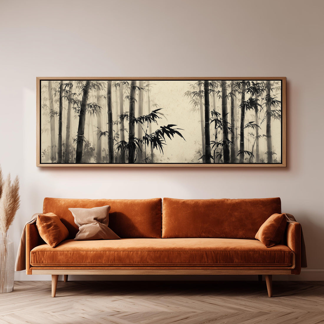 a black and white checkered sofa with a brown throw pillow, set against a dark wall with a framed black and white image of bamboo trees above it.