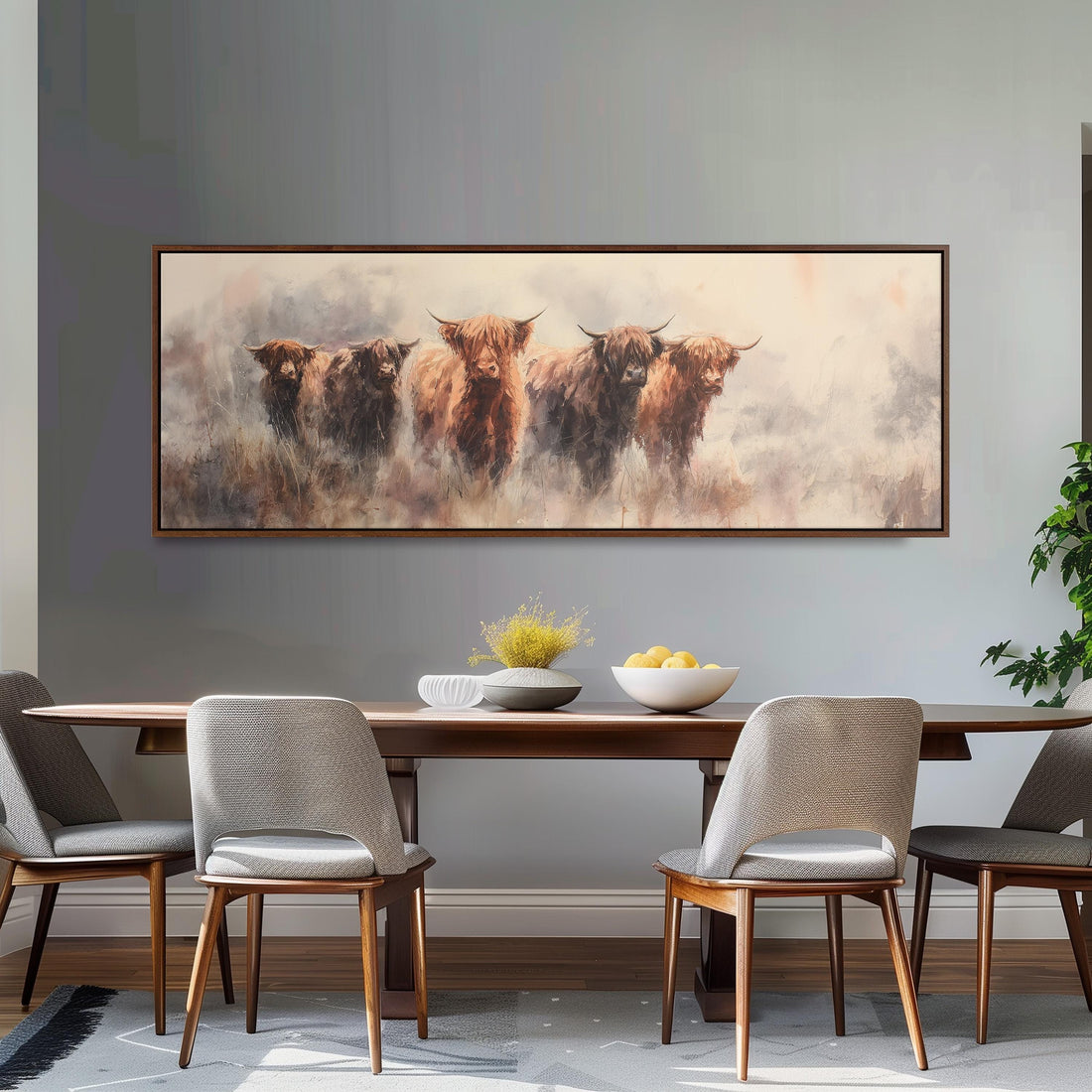 a large painting of a group of brown cows on a white background, hanging on a wall above a brown sofa.