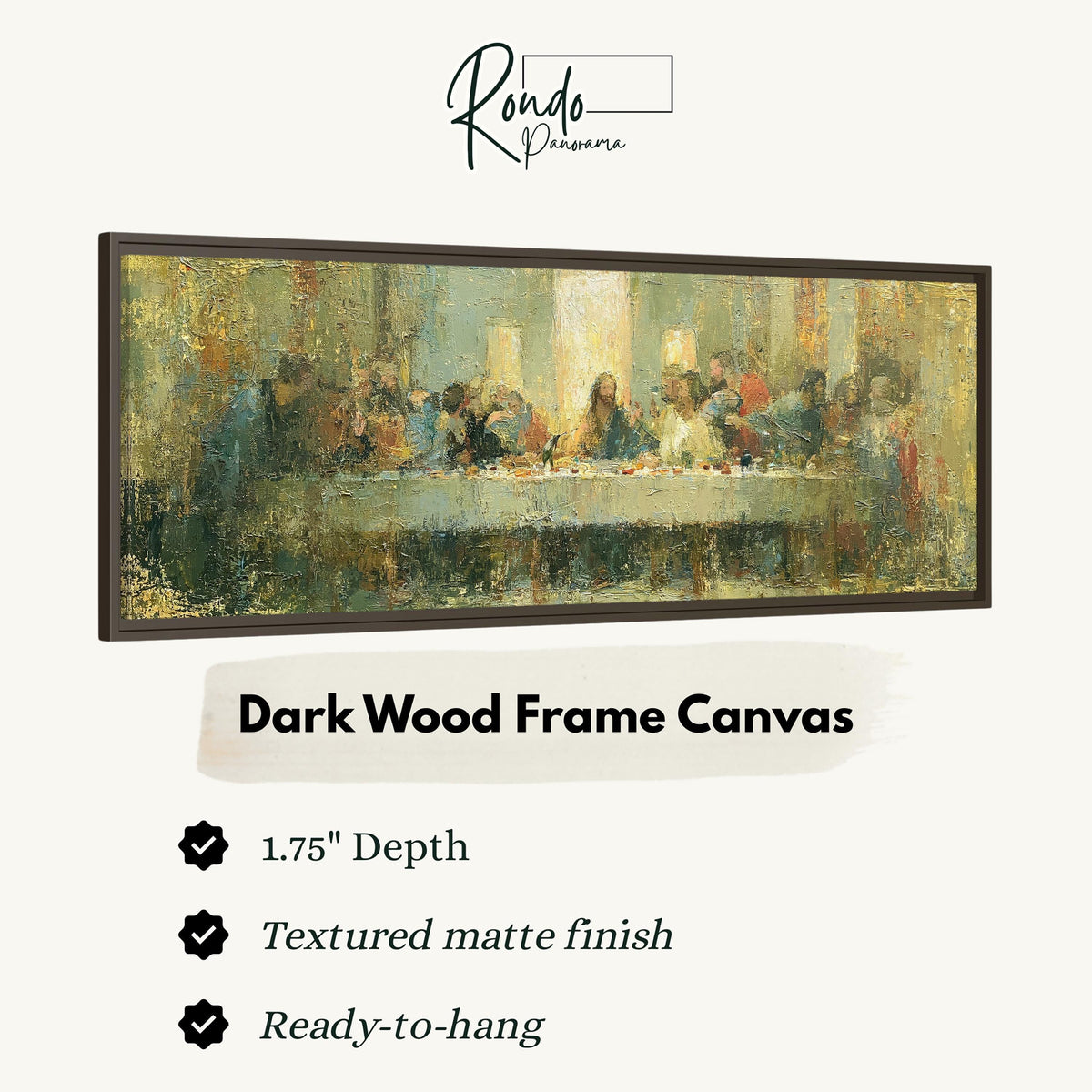 The Last Supper in golden impasto texture canvas print in a dark wood floating frame