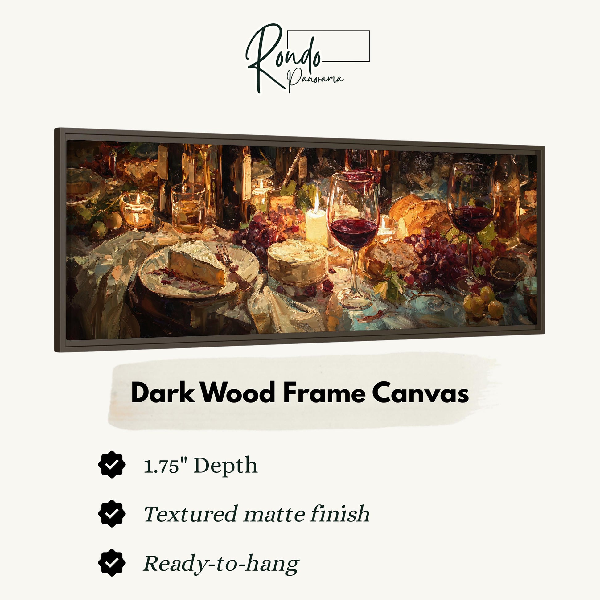 The image is a dark wood frame canvas depicting a table set with wine glasses, plates of food, and candles.