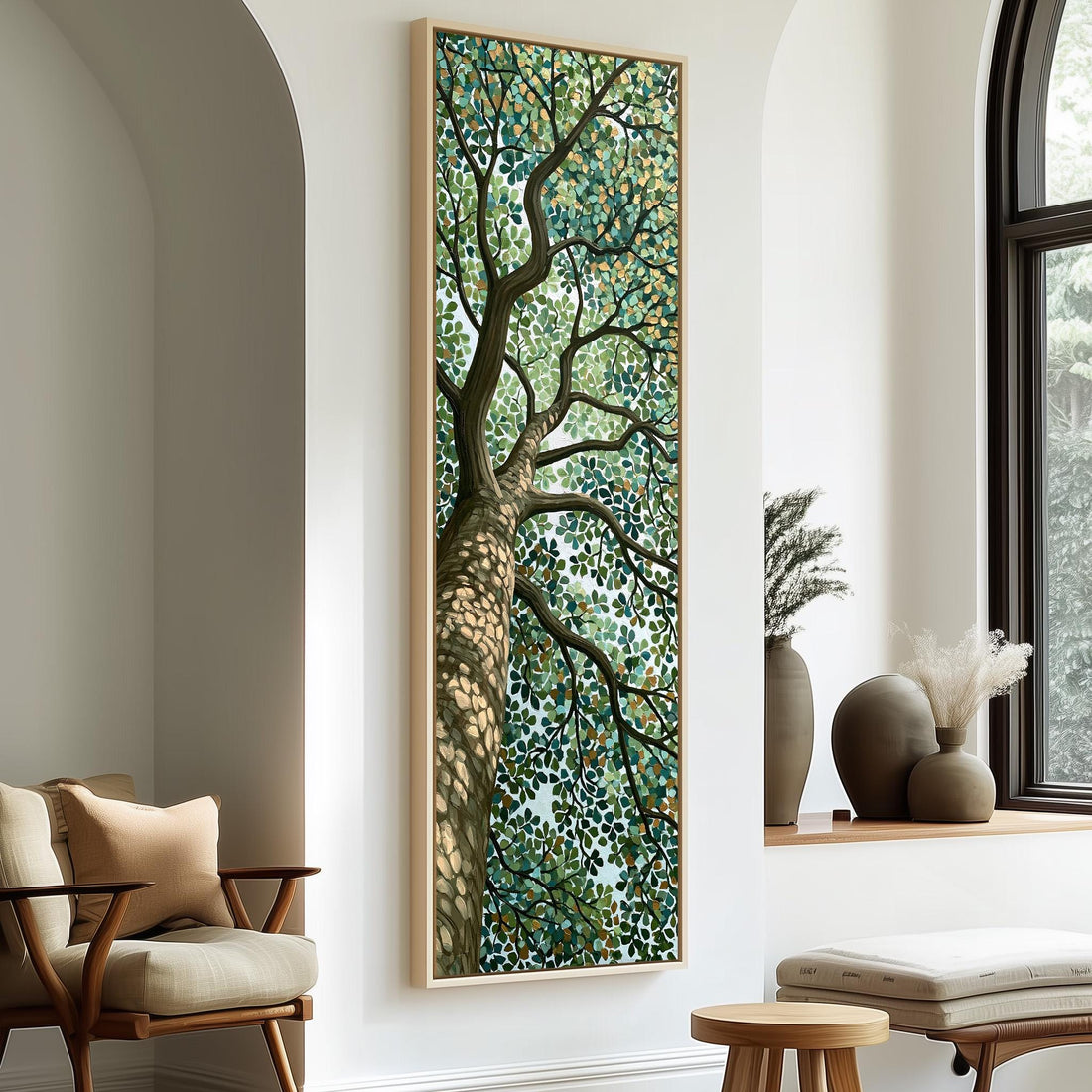 Tree canopy in a dappled mosaic style long vertical canvas print in a sunlit living space