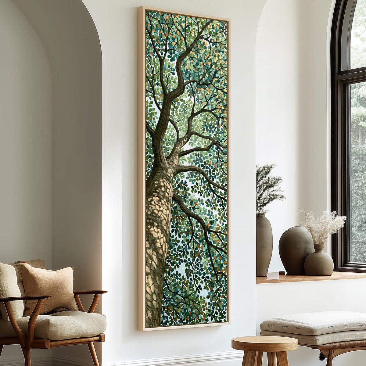 Tree canopy in a dappled mosaic style long vertical canvas print in a sunlit living space