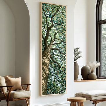 Tree canopy in a dappled mosaic style long vertical canvas print in a sunlit living space