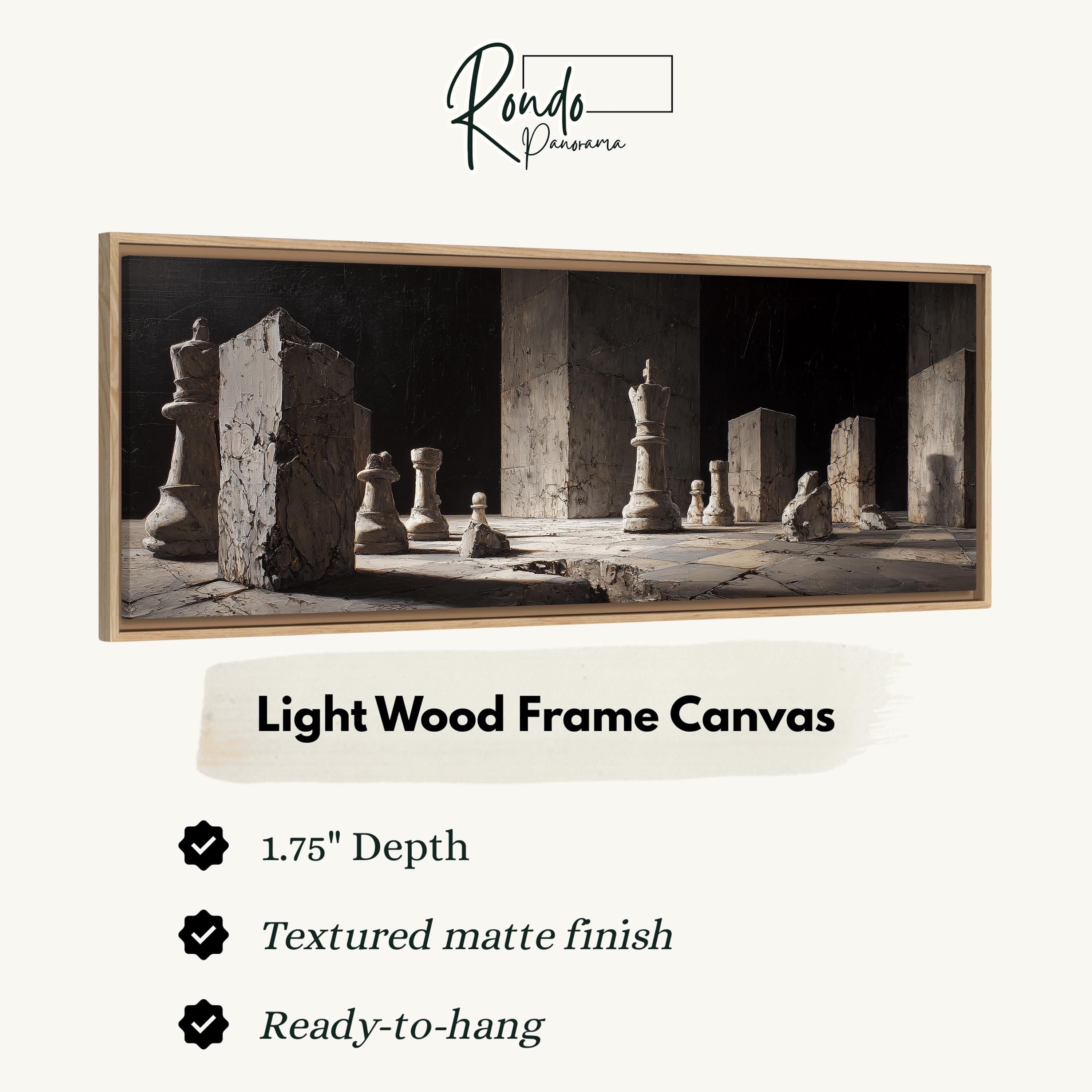 The image is a framed canvas depicting a chess game with pieces arranged on a chessboard.