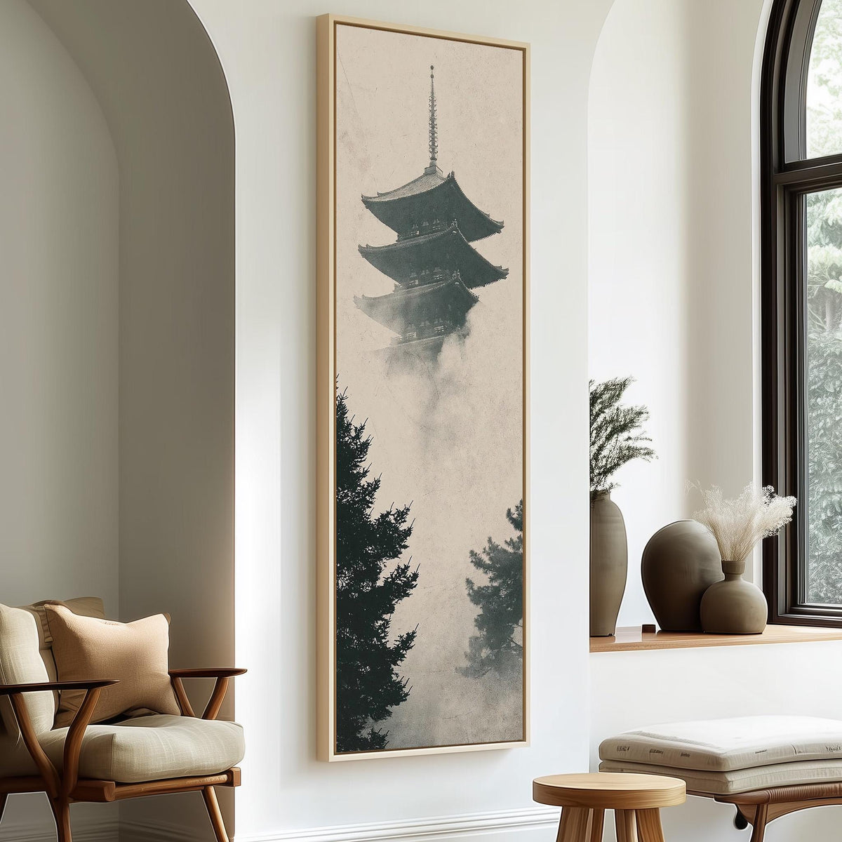 Pagoda rising through fog and pines tall skinny canvas print in a sunlit living space