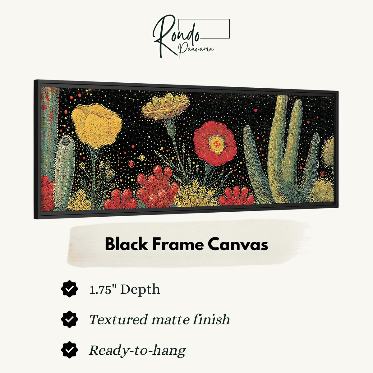 Desert blooms and cacti on black canvas print in a black floating frame