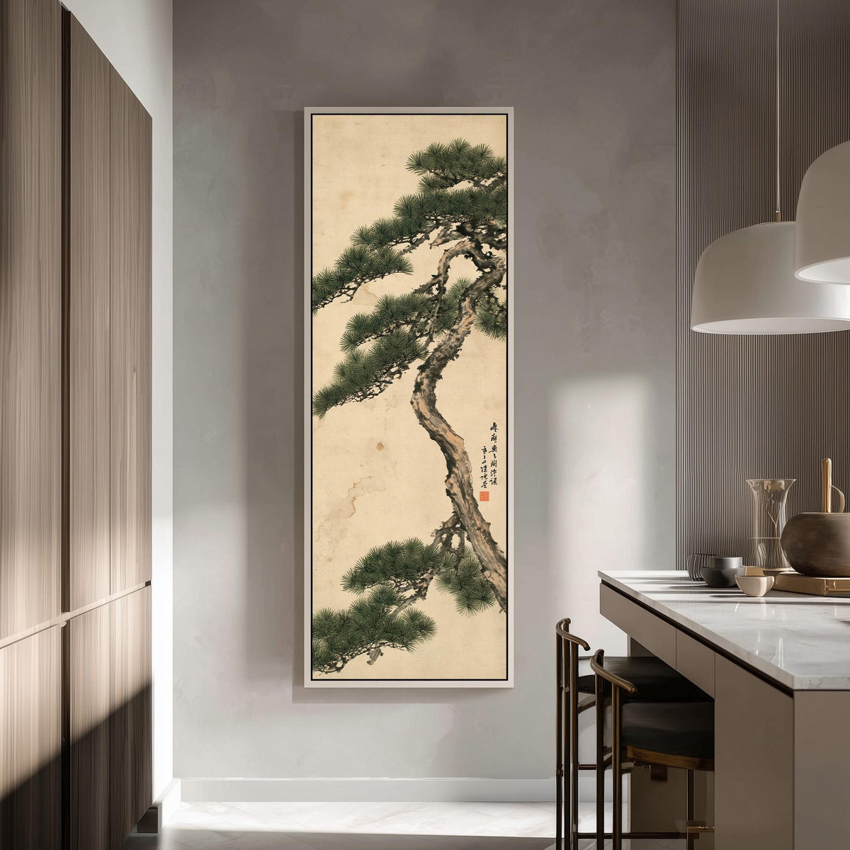 Twisting pine tree with calligraphy tall skinny canvas print in a modern kitchen