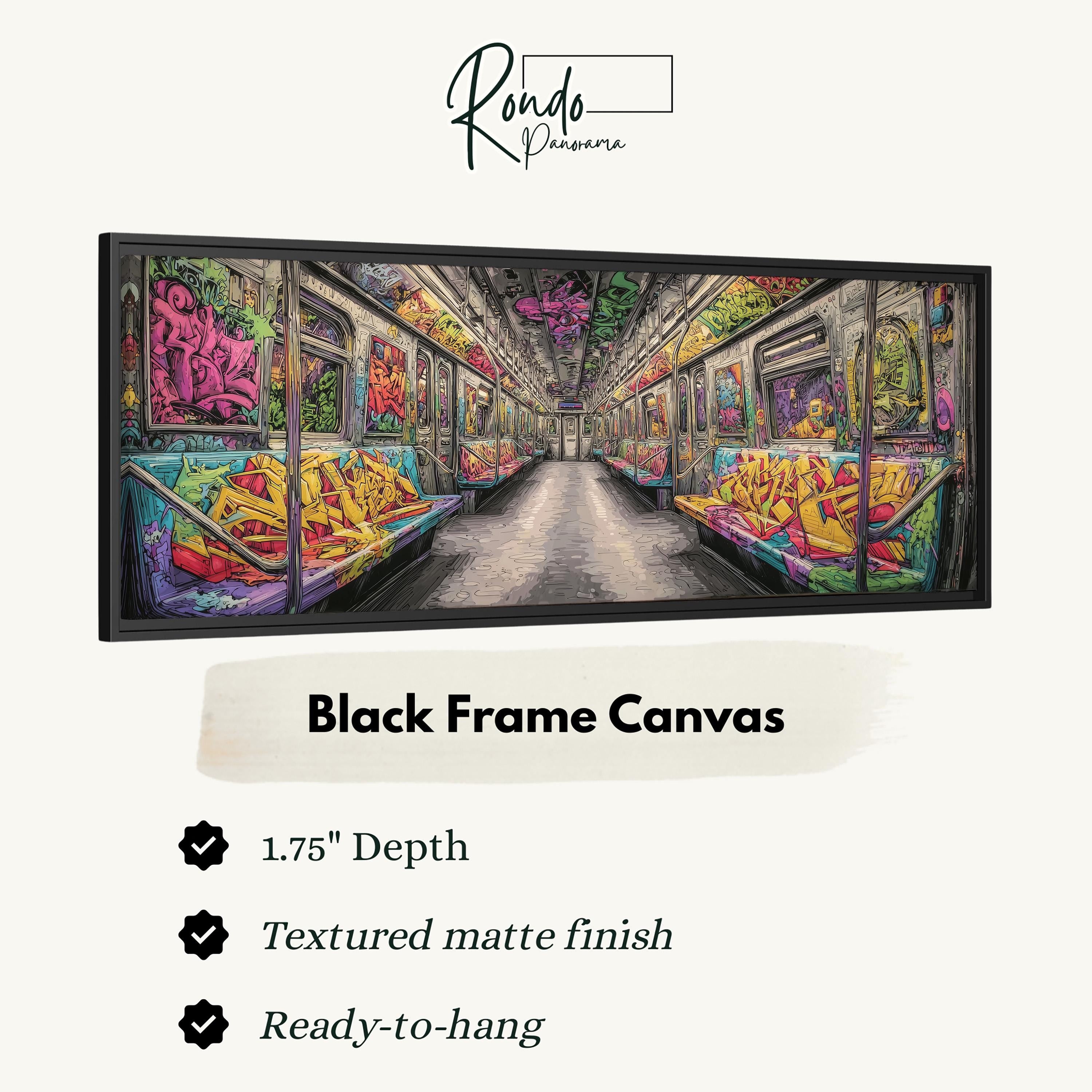 The image is a black frame canvas depicting a colorful and vibrant subway car interior with graffiti art.
