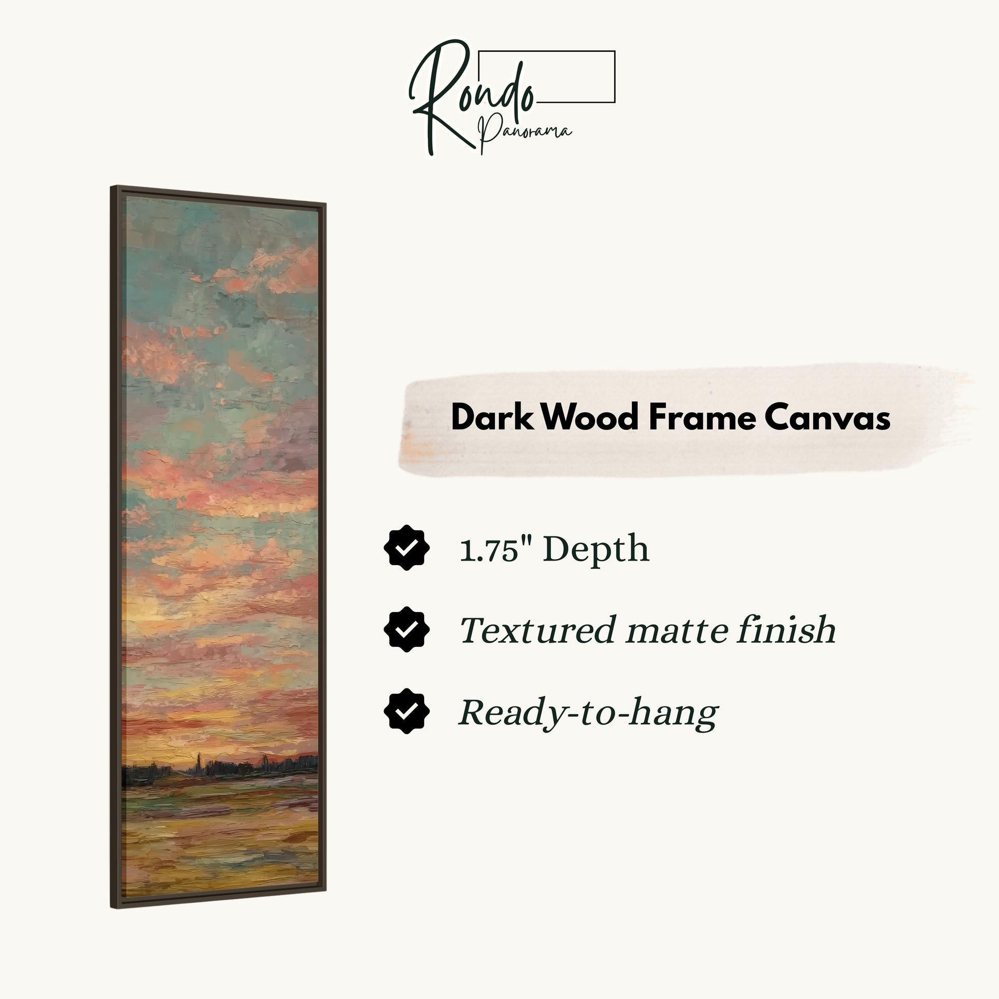 The image is a vertical text box containing information about a dark wood frame canvas.
