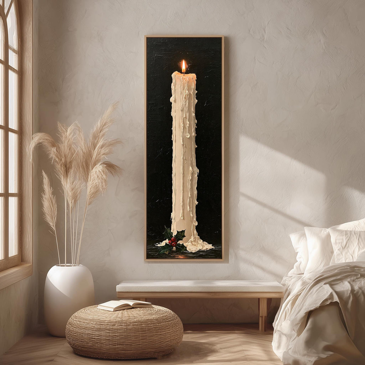 Tall dripping candle with holly long vertical canvas print in a bright reading corner