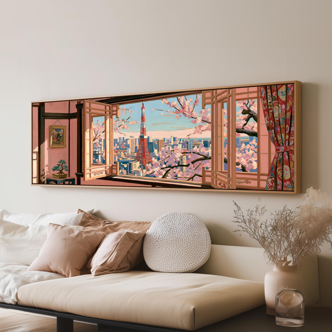 Tokyo skyline and blossoms through a coral room window long horizontal canvas print above a sofa in a living room