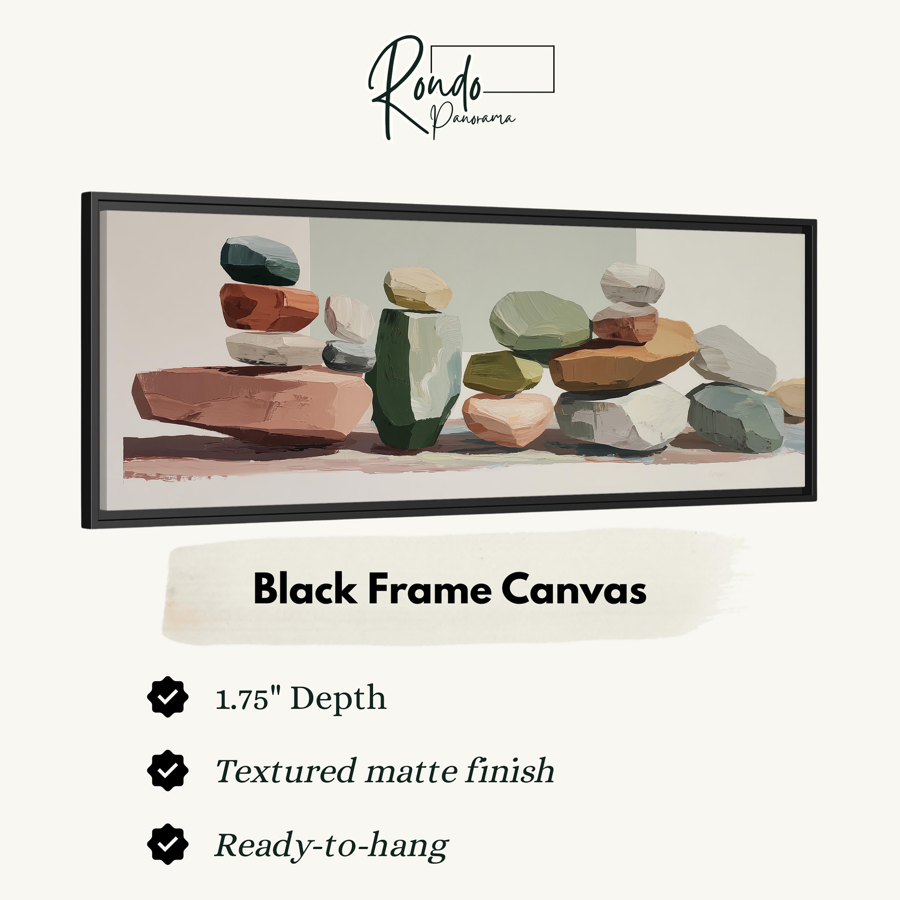 The image is a black frame canvas depicting a collection of colorful rocks and stones arranged in a visually appealing manner.