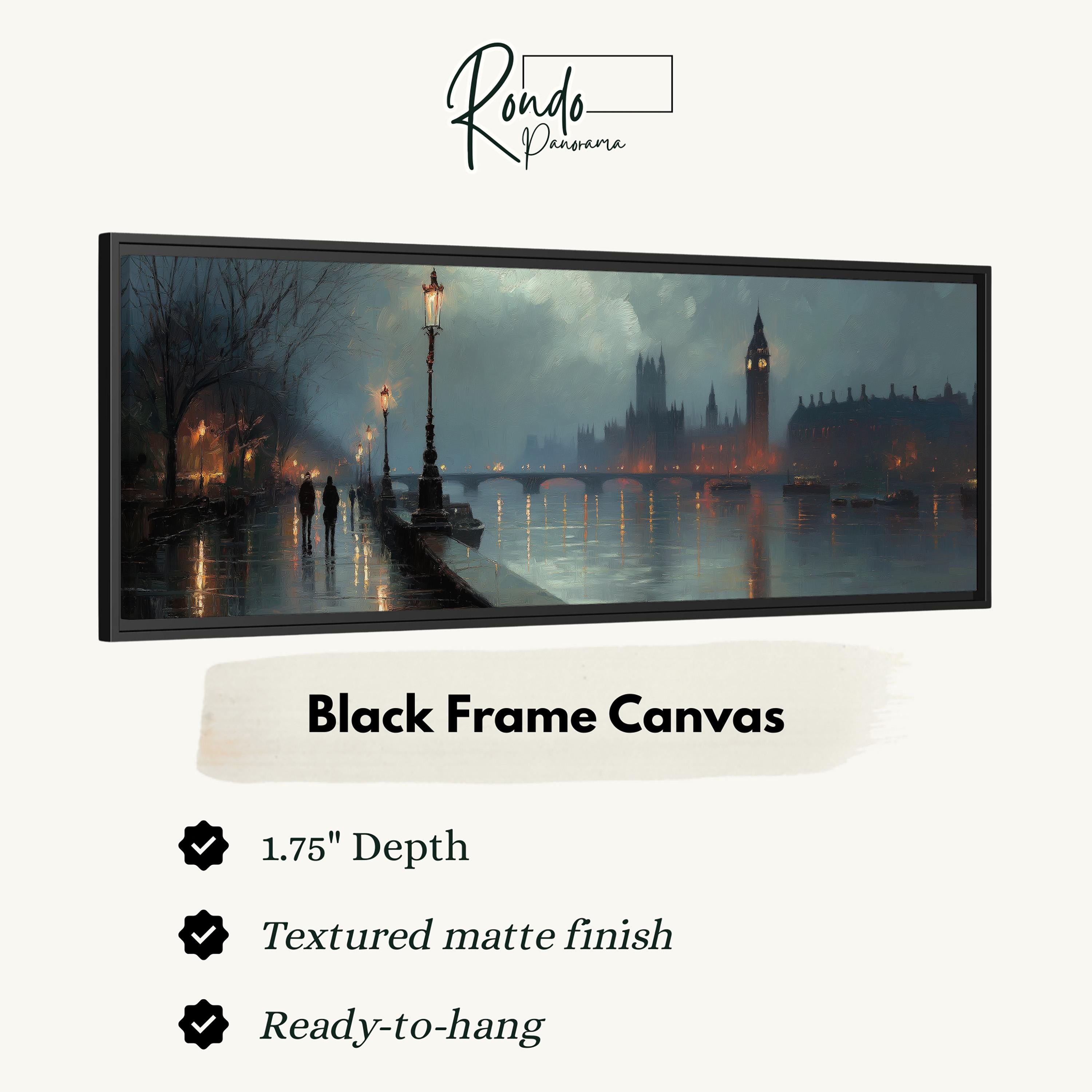 The image is a black frame canvas depicting a cityscape at night, with a river and a clock tower in the background.