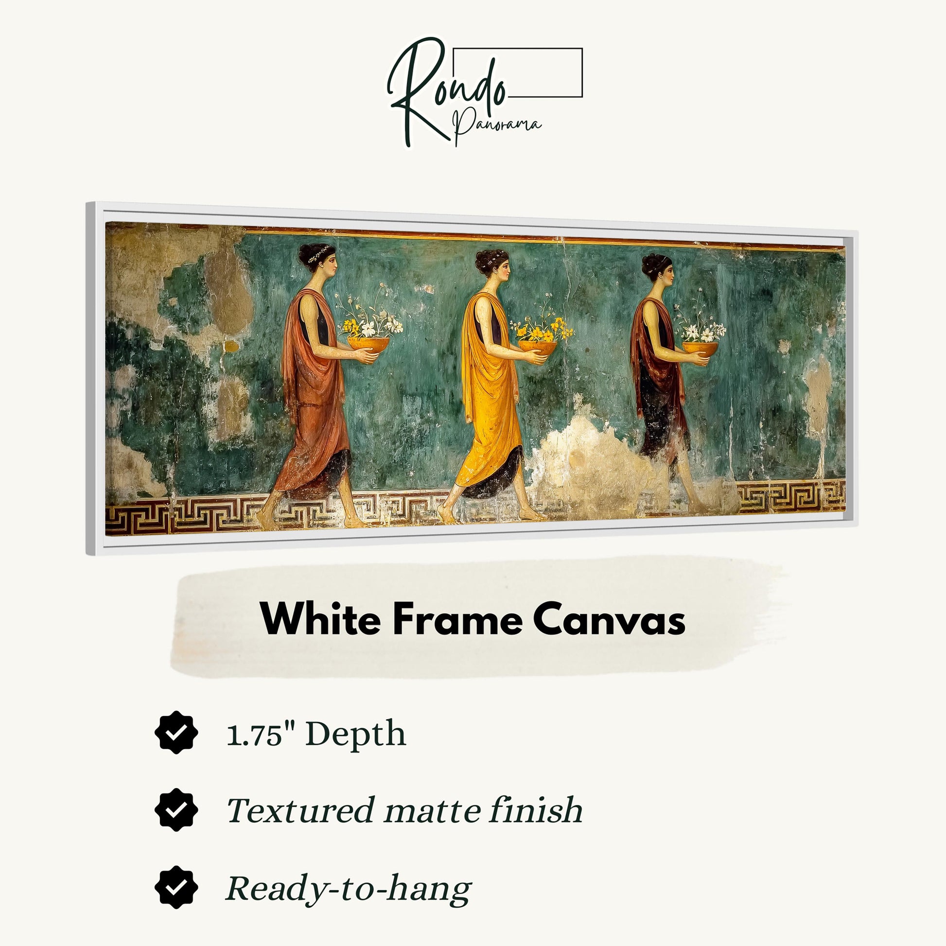 The image is a white frame canvas depicting three women in ancient Greek attire, each carrying a basket of flowers, walking along a path.