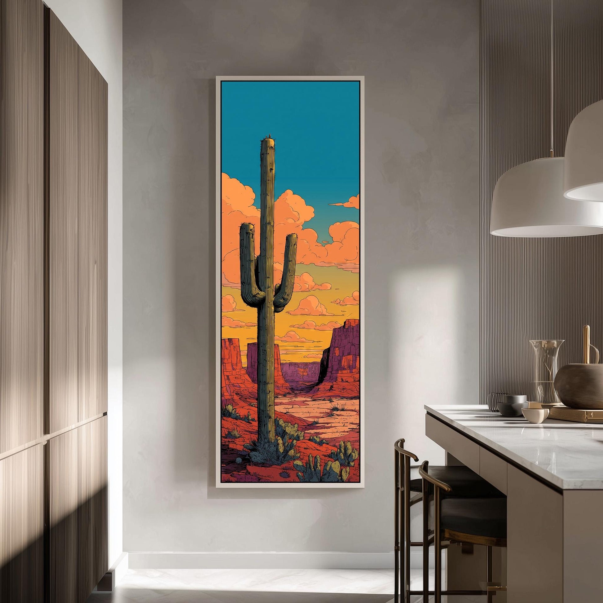 a large framed painting of a desert landscape with a cactus in the foreground, set against a colorful sky.