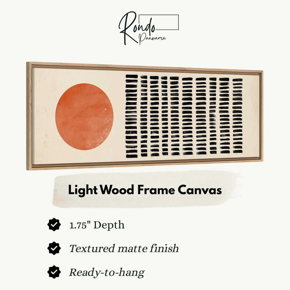 Orange sun beside rows of black dashes canvas print in a light wood floating frame