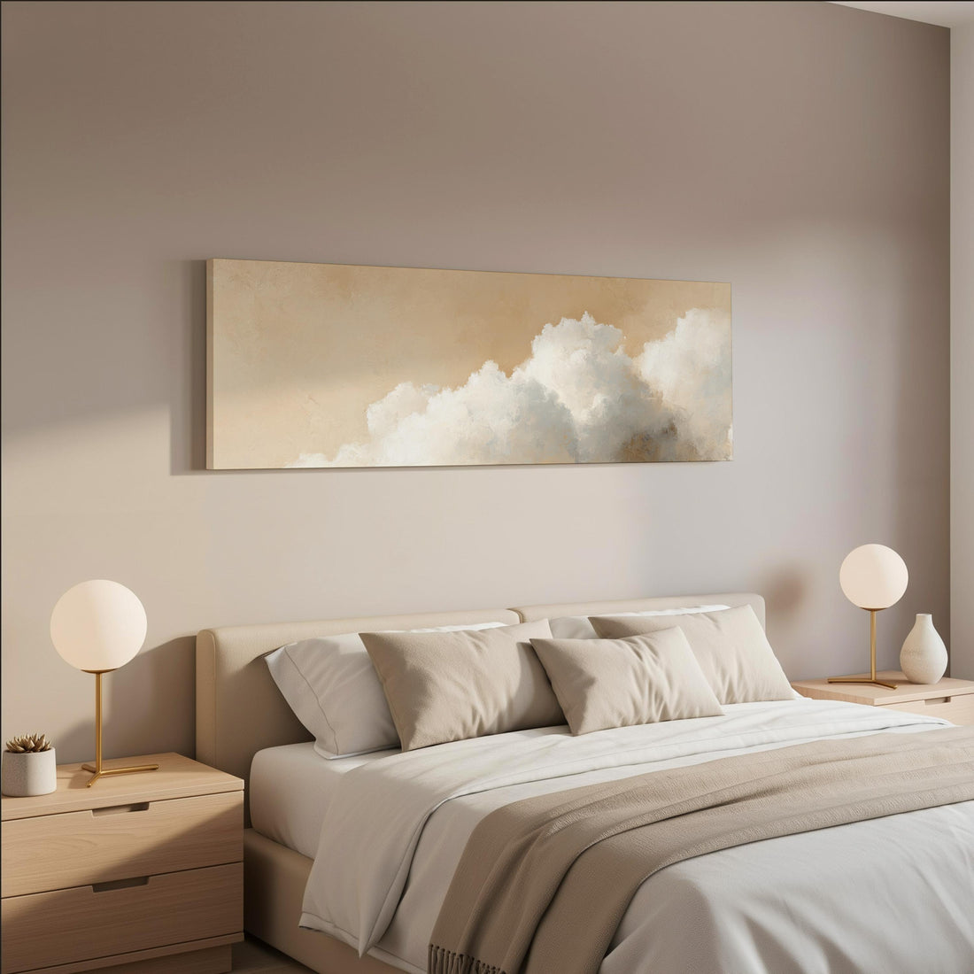 a serene and modern bedroom with a large bed, two nightstands with lamps, and a large painting of clouds hanging above the bed.