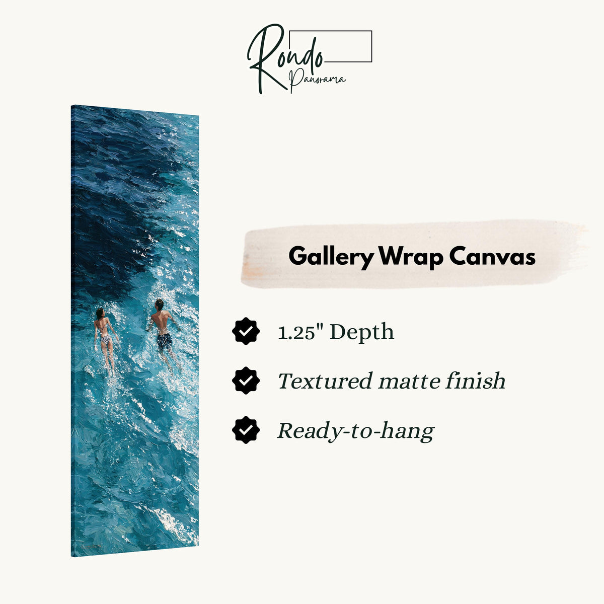 Two swimmers in deep blue waves gallery wrap canvas with the image wrapped around the edges